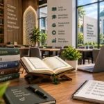 ruang perpustakaan kampus Quran dengan Al-Quran dan fasilitas pembelajaran modern