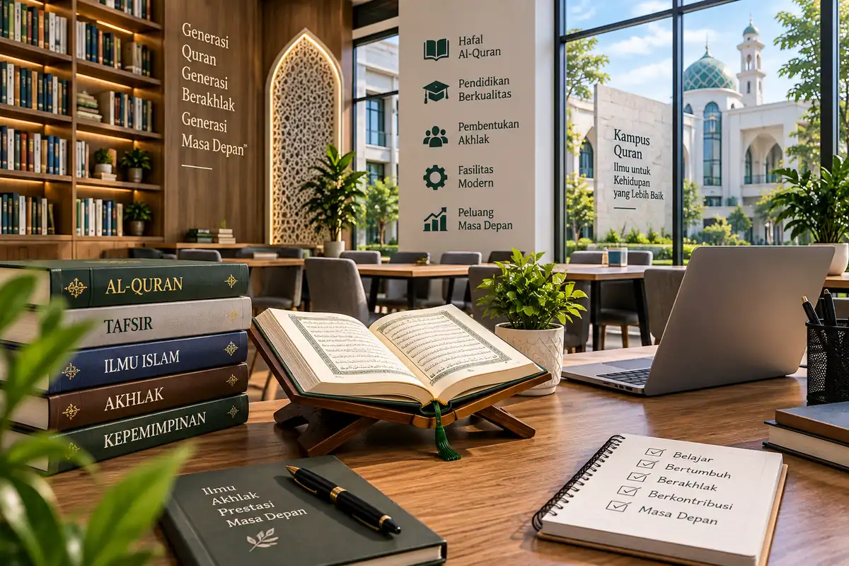 ruang perpustakaan kampus Quran dengan Al-Quran dan fasilitas pembelajaran modern