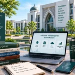laptop dan perangkat digital mendukung pembelajaran Islam berbasis teknologi di lingkungan kampus modern