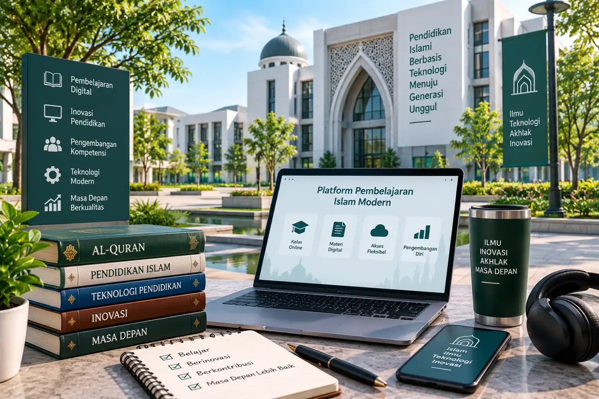 laptop dan perangkat digital mendukung pembelajaran Islam berbasis teknologi di lingkungan kampus modern