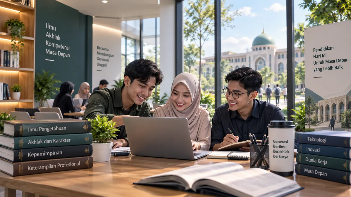mahasiswa belajar bersama di ruang kampus islami modern untuk mengembangkan kompetensi