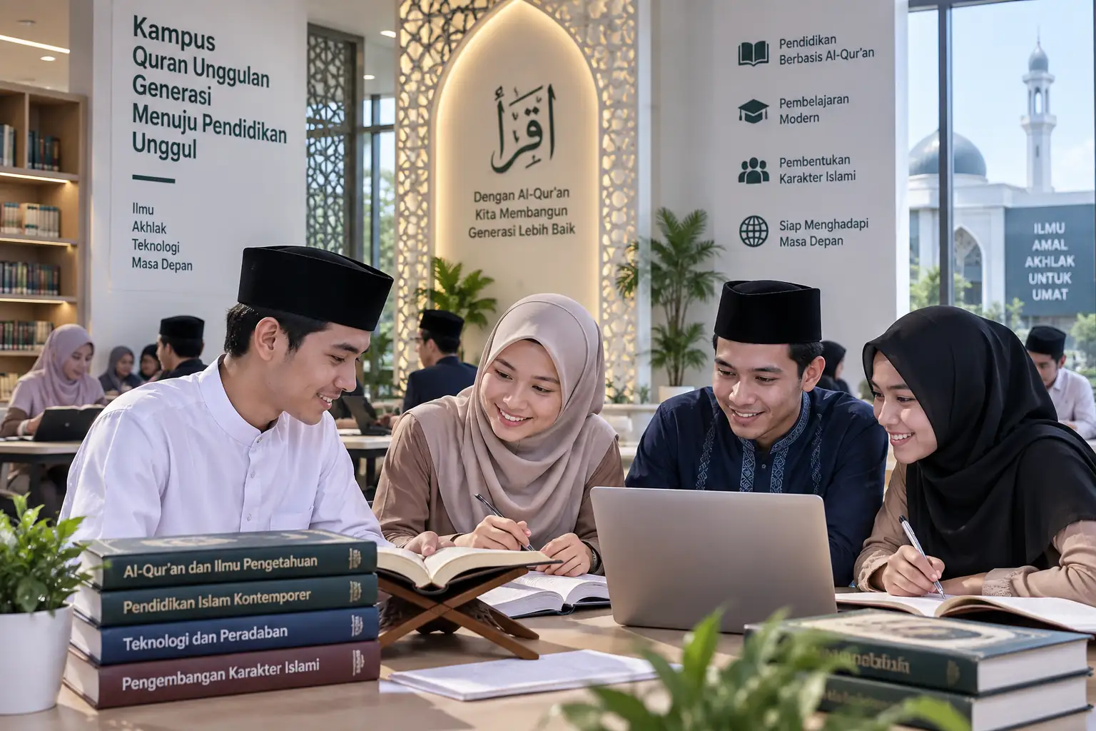 mahasiswa belajar Al-Quran bersama di lingkungan kampus Quran modern