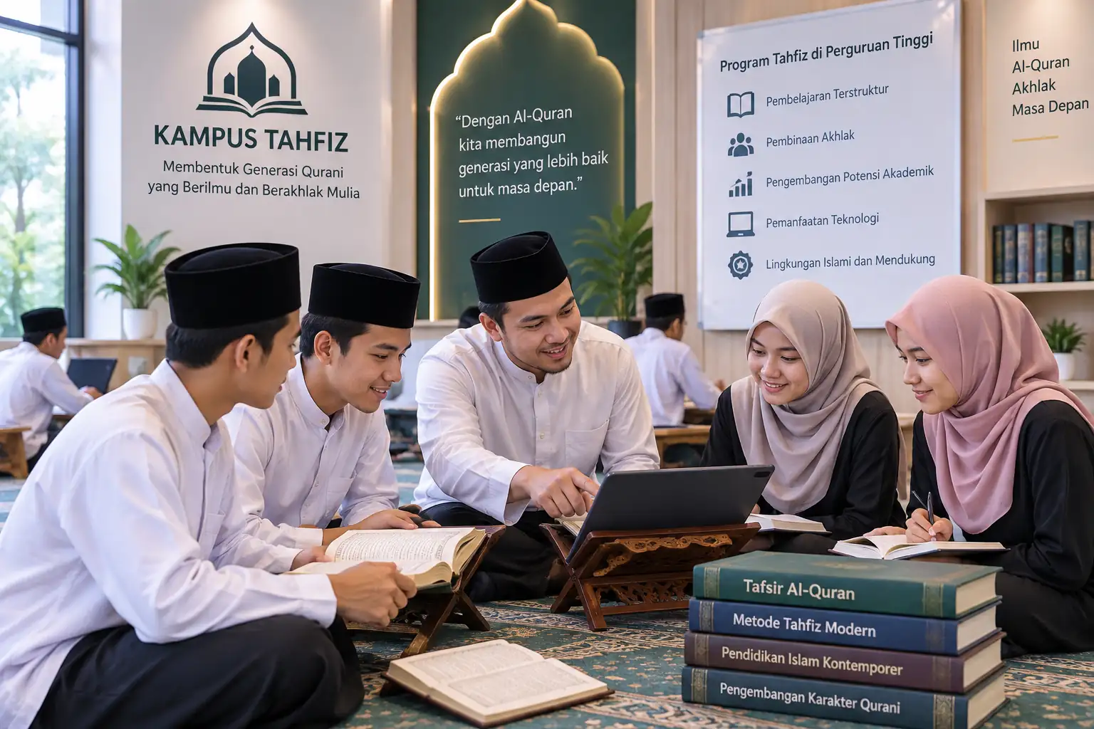 mahasiswa kampus tahfiz belajar Al-Quran bersama dengan dukungan teknologi digital