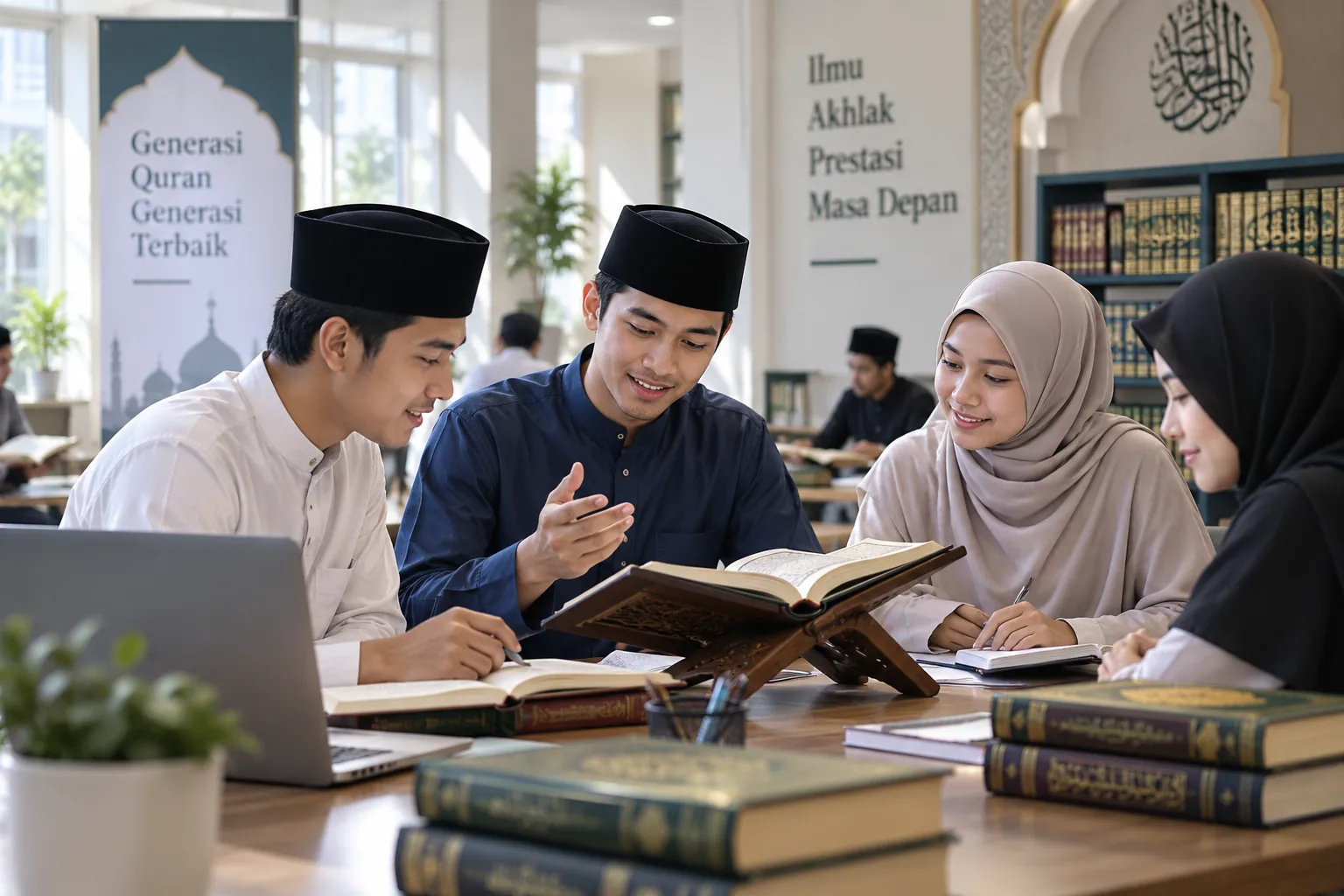 mahasiswa penghafal quran belajar dan menjaga hafalan bersama di lingkungan kampus