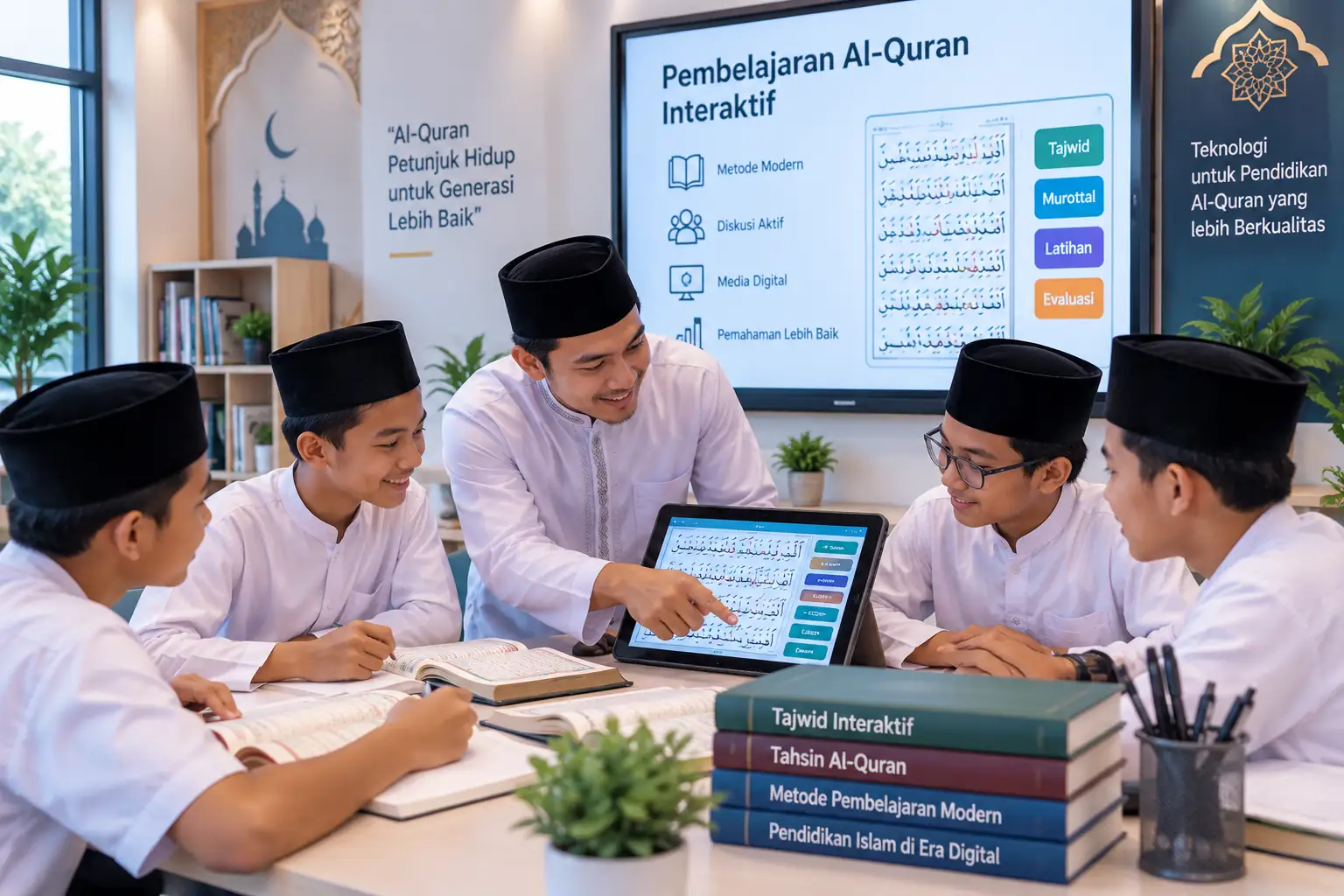pengajar membimbing siswa mempelajari Al-Quran menggunakan metode interaktif dan teknologi digital