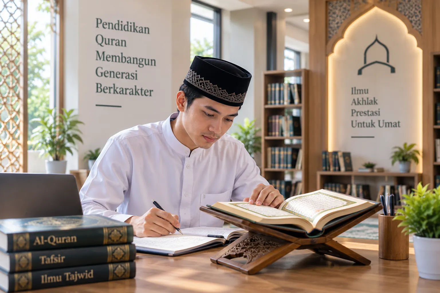 mahasiswa mempelajari quran secara fokus dalam lingkungan pendidikan Islam modern