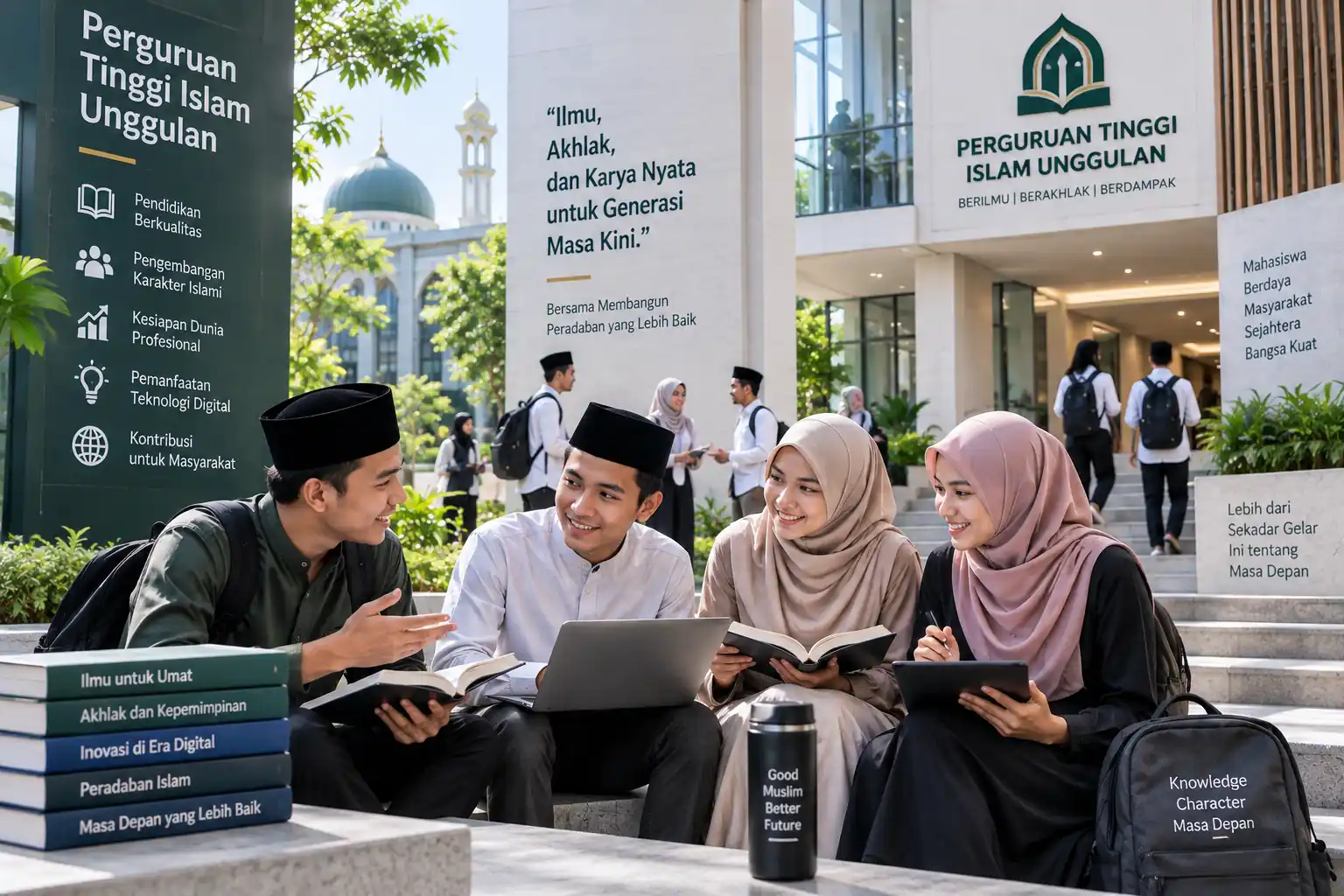 mahasiswa perguruan tinggi Islam berdiskusi dan belajar bersama di area terbuka kampus