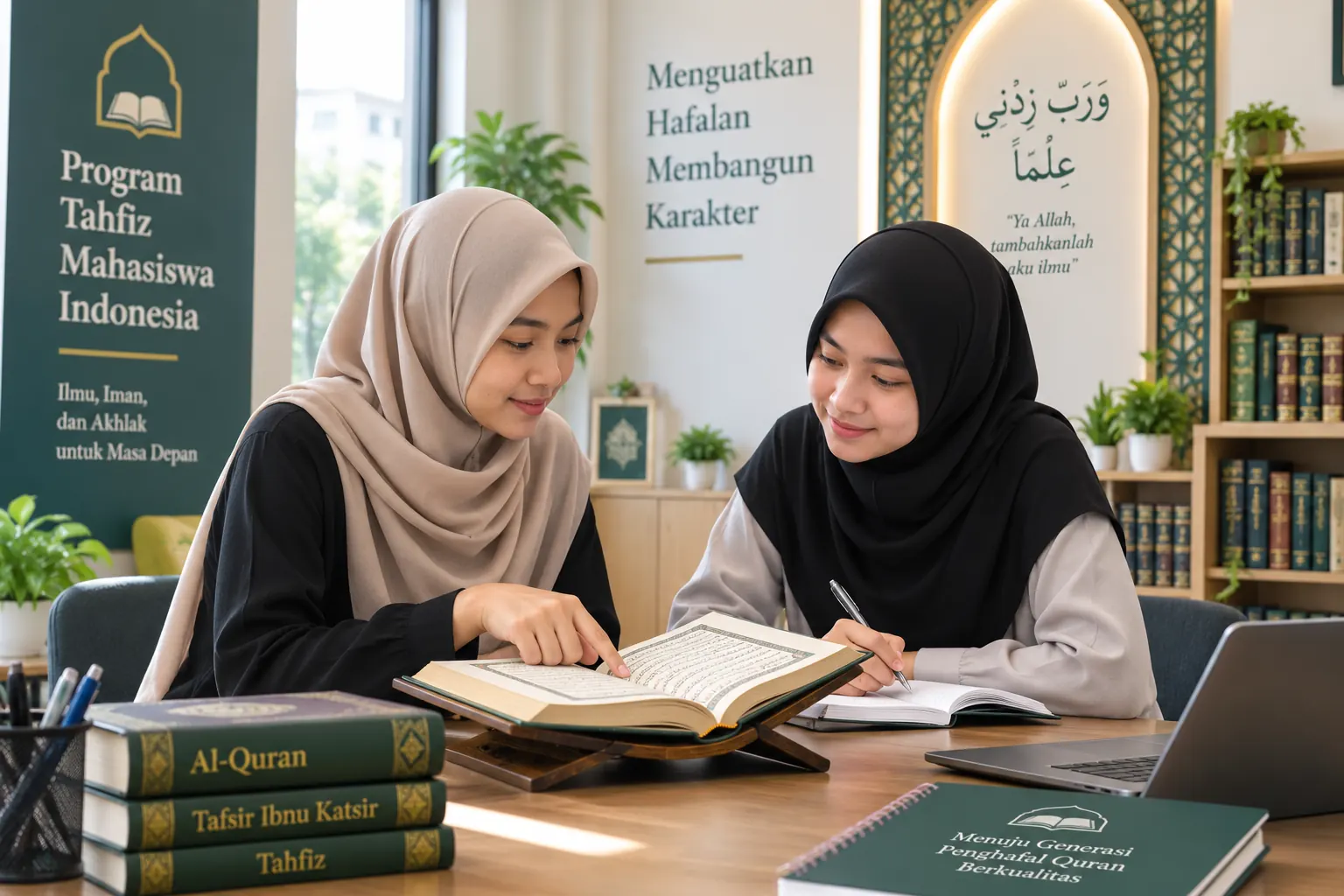 dua mahasiswi mengikuti program tahfiz dengan belajar dan menghafal quran bersama