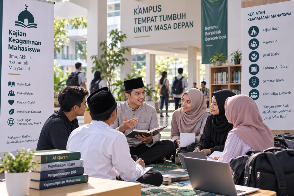 mahasiswa mengikuti kegiatan keagamaan dan diskusi bersama di lingkungan kampus