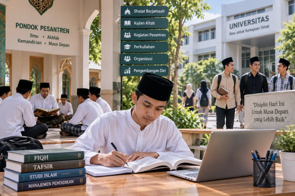 santri mahasiswa menjalani kegiatan pesantren sekaligus menyelesaikan aktivitas perkuliahan