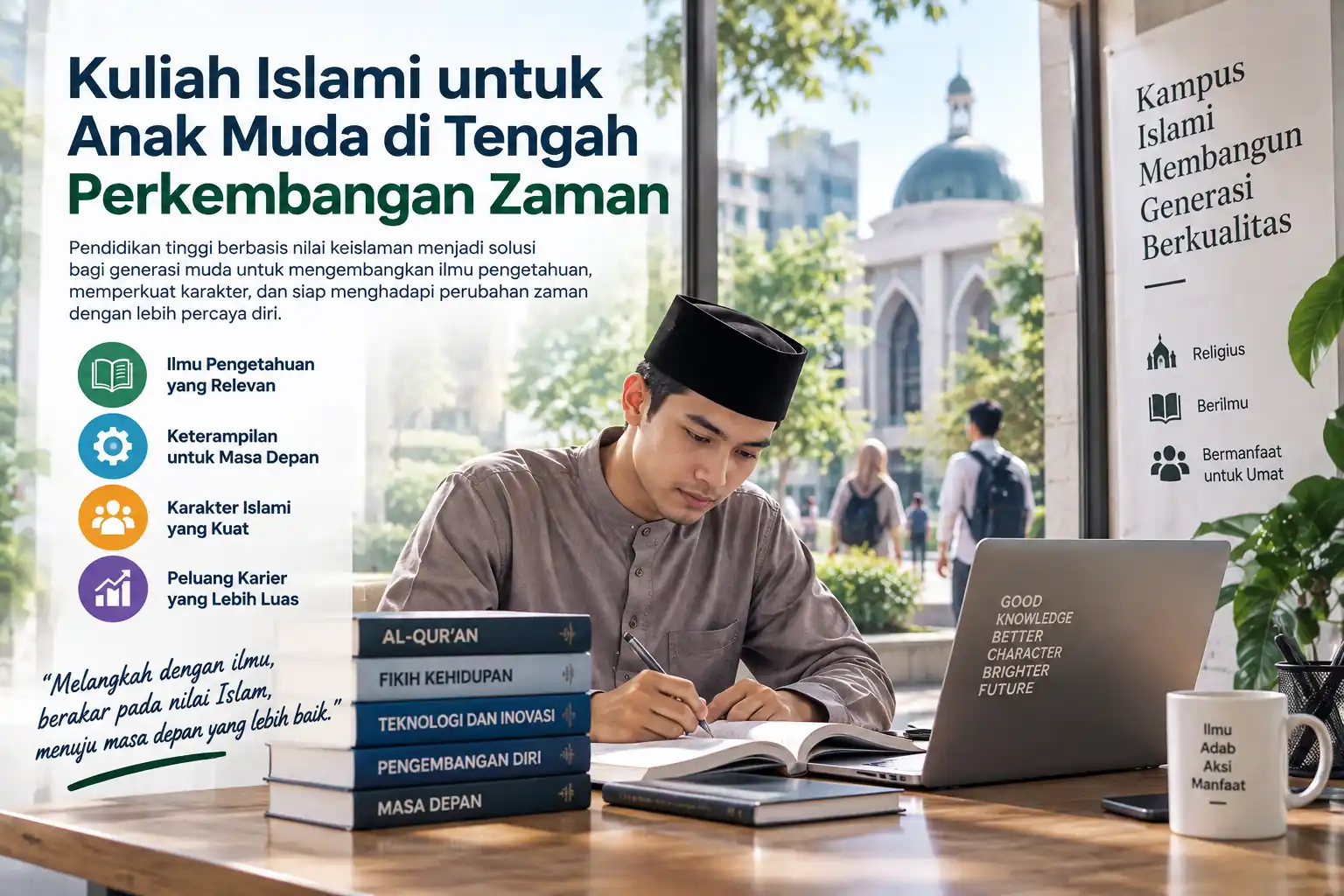 mahasiswa Muslim belajar mandiri di lingkungan kampus Islami modern