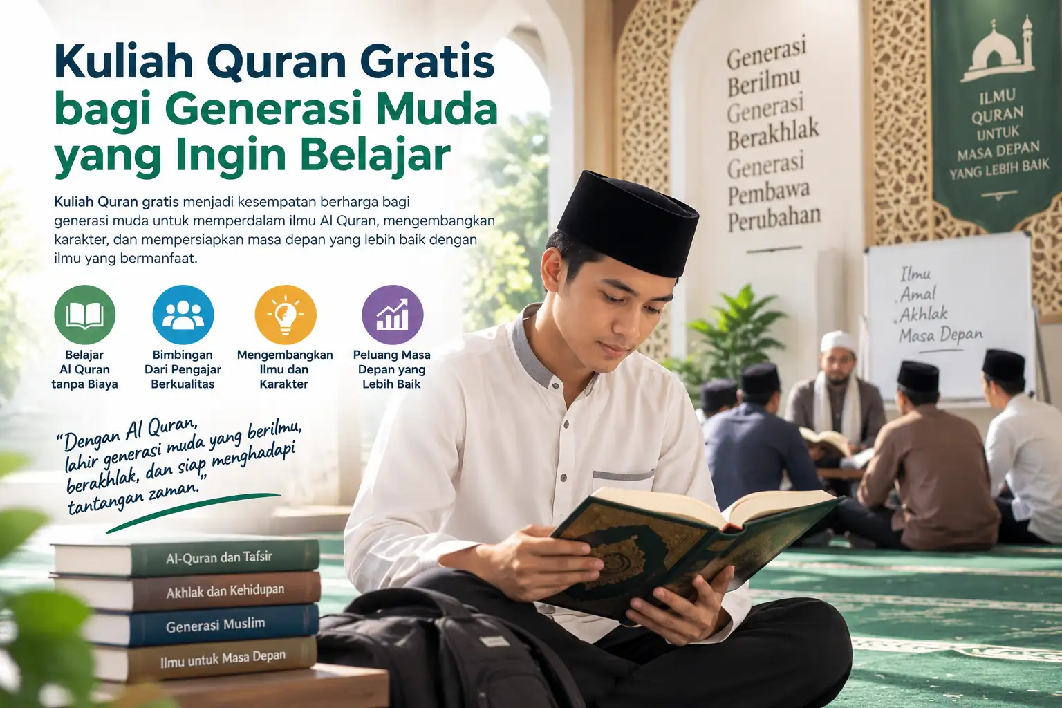 mahasiswa muda membaca Al Quran dalam kegiatan kuliah Quran gratis