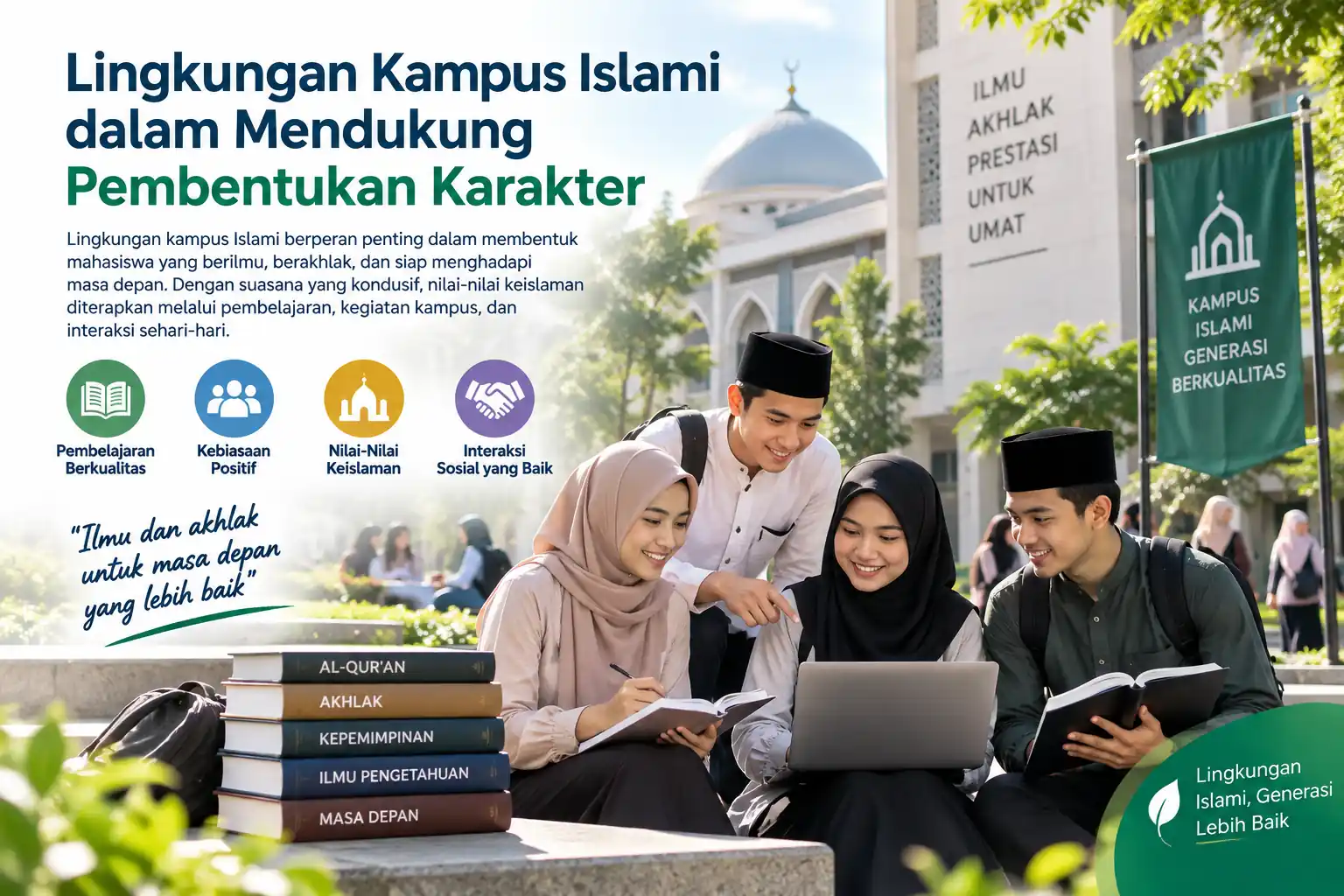 mahasiswa belajar bersama di lingkungan kampus Islami