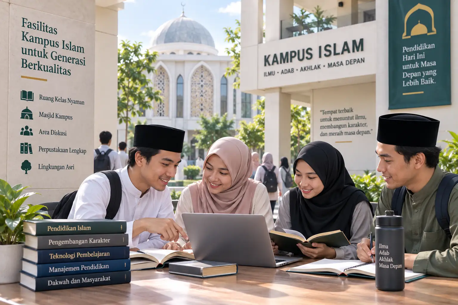 mahasiswa belajar bersama memanfaatkan fasilitas kampus Islam